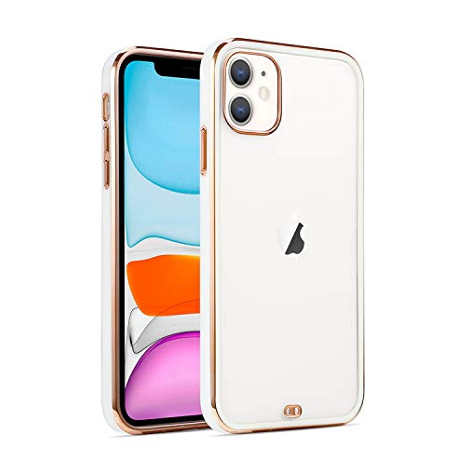 AtoZiPhone 12 Luxurious Clear Transparent Protective Lightweight Case With Rose Gold Square Plating (iPhone 12 Pro Max, White/Rose Gold)