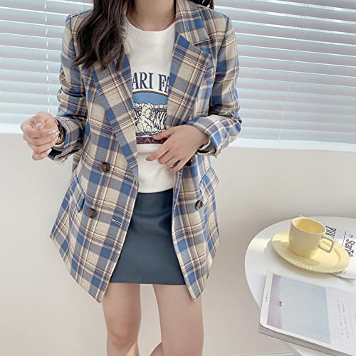 Retro Vintage Plaid Blazer Oversized for Girl, Women's Notched Lapels Double Breasted Check Blazer Jacket (XL, Blue)2