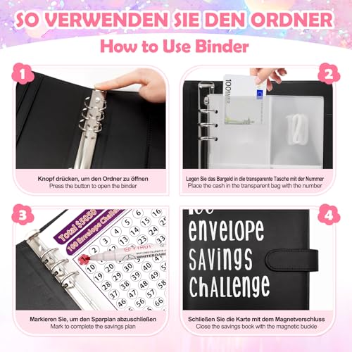 Fettwal 100 Envelope Saving Challenge, Sparbuch für Geld Challenge, A5 Geld Sparen Challengers Geldsparmappe, mit 3 Speicherkarten & Aquarellstift, Sparbuch für Haushaltsgeld Sparchallenge (Schwarz)