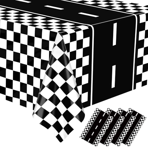 Image of WNINK 4 Pack Race Car Table Cloth Black and White Gingham Tablecloths Disposable Plastic Buffalo Check Tablecloth Checkered Flag Covers for Birthday, Outdoor Picnic, Birthday, Camping 54 x 108 Inch