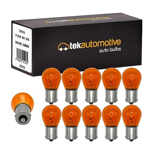 Tek Automotive 588 24V Bulbs for Lorry, PY21W Indicator Bulbs, Truck Bulbs, Indicator Bulbs Orange Light, 581A 24V 21W BAU15S Amber, Off Set Pins - Box of 10