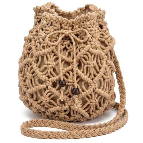 Sac à main en macramé kaki tendance mode bohème ajourée avec perles pour femmes