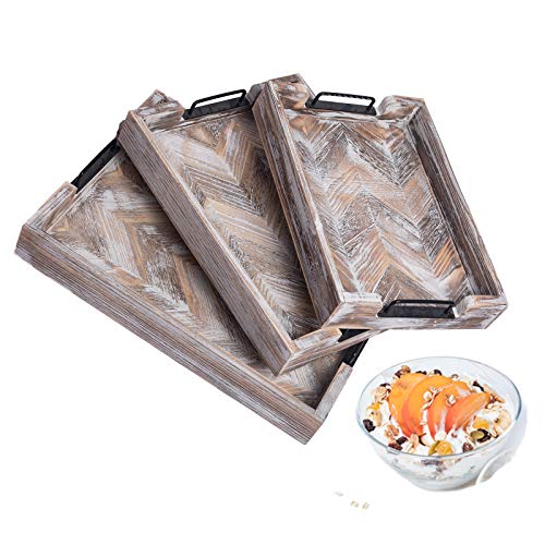 YUHFIW Rustic Wooden Serving Tray Set of 3 Torched Trays with Handle Nested for Coffee Table or Ottoman Decorative Trays for Living Room Kitchen Dining Room Bar Pine Fir Wood White Stripe