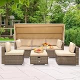 YITAHOME Outdoor Patio Wicker Daybed Furniture Set with Retractable Canopy, Storable Side Table, and Soft Cushions for Relaxing in Your Backyard or Porch, Light Brown and Beige