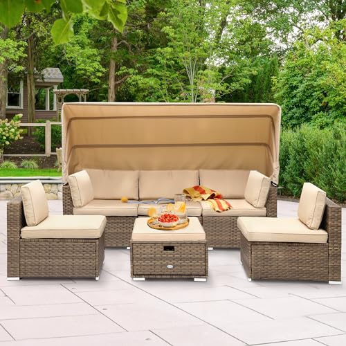 YITAHOME Outdoor Patio Wicker Daybed Furniture Set with Retractable Canopy, Storable Side Table, and Soft Cushions for Relaxing in Your Backyard or Porch, Light Brown and Beige Light Brown +