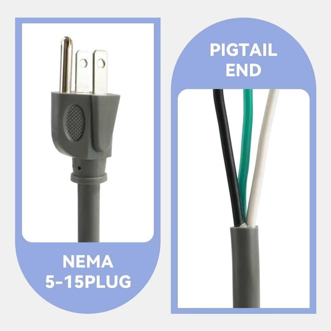 2 Pack 12FT 14/3C SJTW Appliance and Power Tool Cord, 14 Gauge 3 Prong Heavy Duty Replacement Power Supply Cord Cable, 110V 115V 120V AC Pigtail, 15A, 1875w