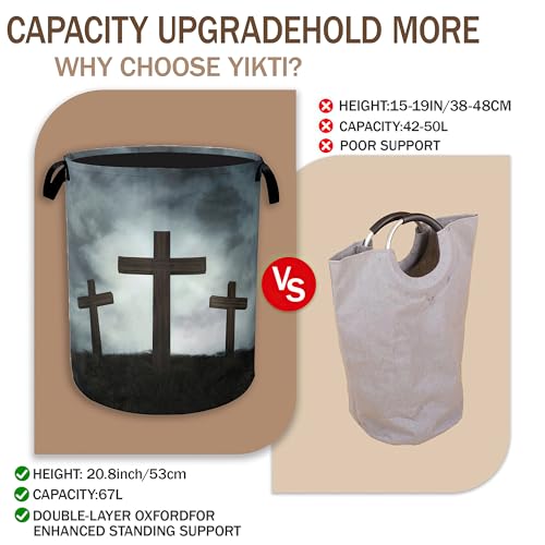 Image of Three Wood Crosses Laundry Hamper,Easter Collapsible Laundry Baskets,Waterproof Oxford Cloth Laundry Room Organization for Bedroom,Bathroom,Nursery,16x20 Inch