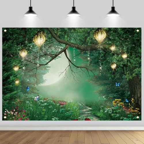 5x3FT Enchanted Forest Photography Backdrop Mushroom Fairyland Green Tree Butterfly Photoshoot Children Birthday Party Girl Garden Background Decoration Photo Booth Studio Props Banner