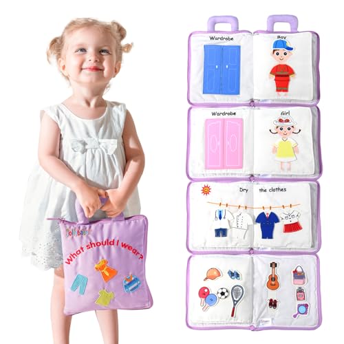 Image of Jollybaby Quiet Book for Kids, Toddler Travel Toys Felt Busy Book Preschool Learning Montessori Toddler Quiet Book 10 Page Activity Book for 2 3 4 Year Old Girls(Purple)
