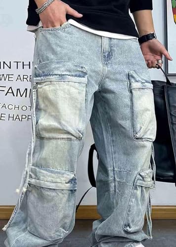 Men’S Hip Hop Oversized Straight Heavy Denim Cargo Pants Button Fly Light Distressed Multi Pocket Stacked Full Length Jeans2