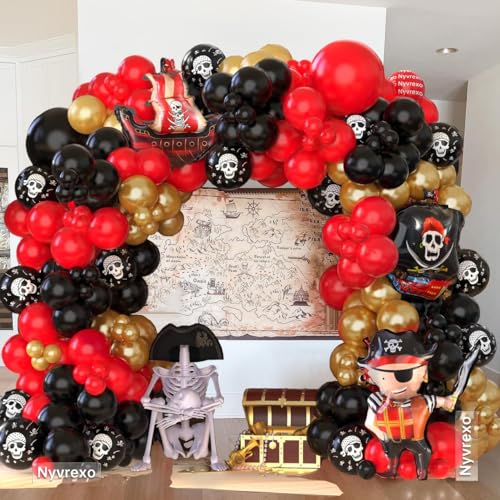 Image of Pirate Birthday Party Decorations, 142Pcs Red Black Metallic Gold Balloon Garland Arch Kit Pirate Ship Foil Mylar Balloon for Halloween Pirate Summer Pool Sea Sailing Adventure Ocean Theme Party