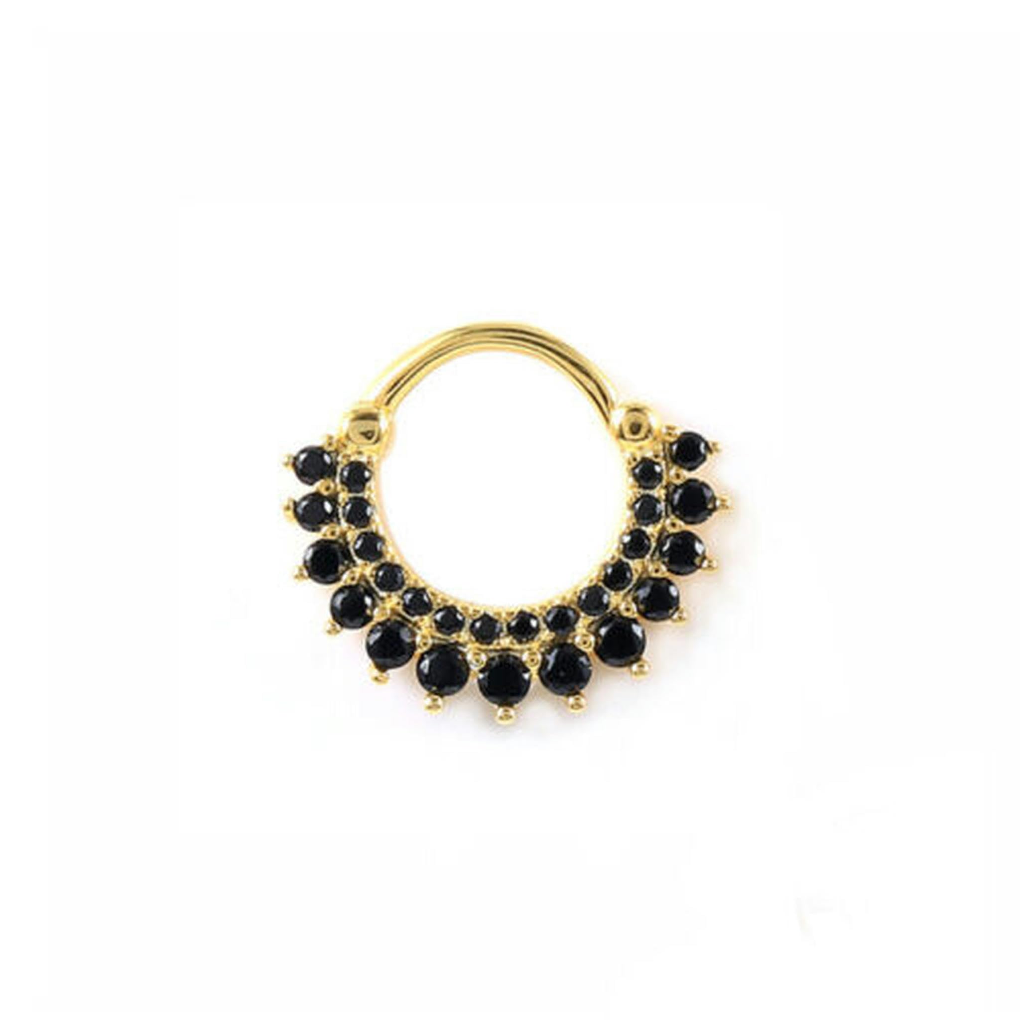 Anello da Naso con clicker in Cristallo CZ, Piercing in Argento Sterling 925, Cerchio A4492-E - Oro con Pietra Nera