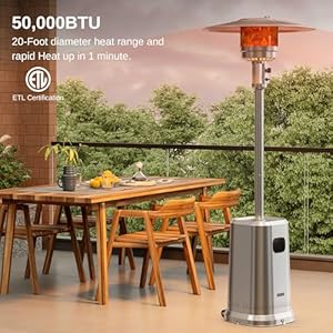 East oak anti rust 50000 btu patio heater for outdoor use with double layer stainless steel burner square round table design and wheels propane patio heater for home and commercial stainless steel  urban country home decor
