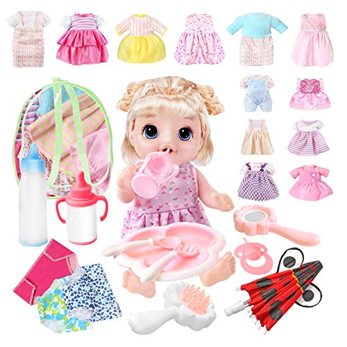 Voccim 25 Pcs Girl Doll Clothes and Accessories for Bitty Alive Baby Doll 12 13 14 15 Inch Doll Dresses Outfits Underwear Diapers Milk Bottles Umbrella Backpack Bag Girls Gift