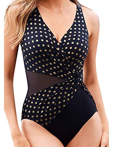 Blooming Jelly Women's V Neck One Piece Swimsuit Polka Dot Swimwear Tummy Control Bathing Suits with See Through Style Black