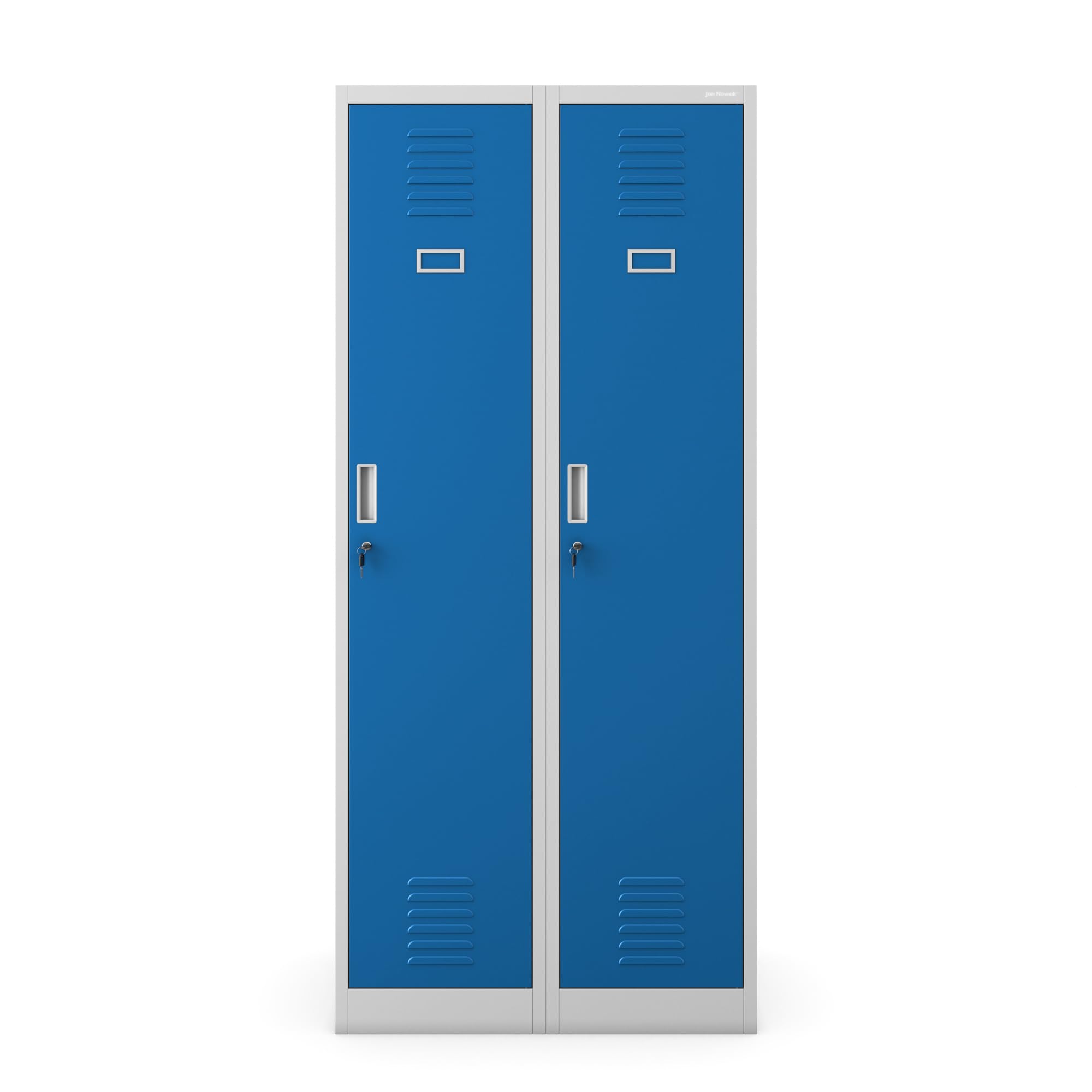 Jan Nowak Spind Schrank, Metallschrank, Kleiderschrank, Schließfachschrank | 2 Abteile mit Kleiderstange, Trennwände, Lüftungsschlitze, 4 Kleiderhaken pro Abteil | 180 cm x 80 cm x 50 cm, Grau-Blau