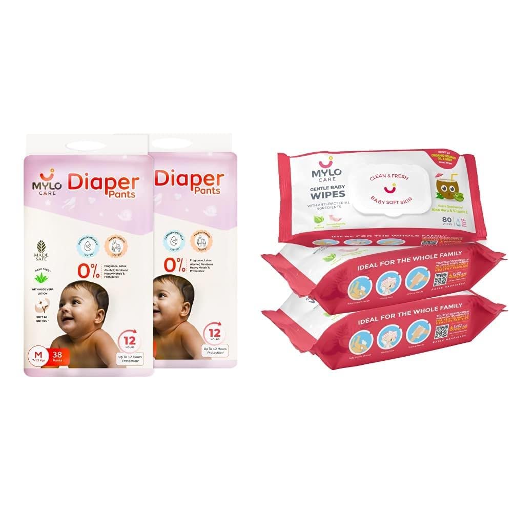 Mylo Care Disposable Diaper Pants & Baby Wipes Combo|Organic Coconut Oil & Neem|12 Hours Leak Protection|Chemical Free|Baby Essentials (Diaper (M)-76 Count, Wipes with lid Pack of 3