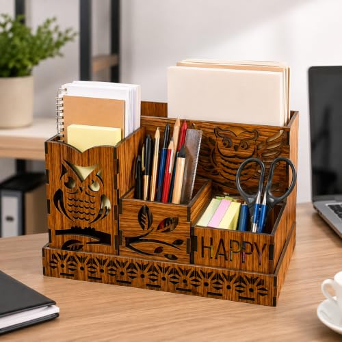 Image of Zesta Wooden Desk Organizer Pen Stand Remote Holder Card Slot | Table Accessory Office Desk Study Room | Pencil Storage Stand Stylish Workspace Decor (Nainteek, Owl Organiser)