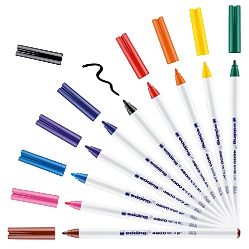 edding 4600 textile pen - set of 10 colours (basic) - round nib 1 mm - permanent fabric pens for drawing on textiles, wash-resistant up to 60 °C - fabric pen