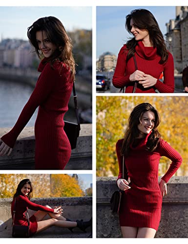 Image of v28 Sweater Dress for Women Ribbed Knit Fitted midi Sexy Fall Winter Bodycon Cowl Neck Dresses