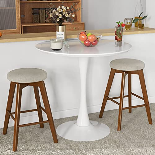 Butacos giratorios COSTWAY, juego de 2, altura de barra de 26 pulgadas sin respaldo, patas de madera de caucho, asiento de tela de lino, reposapiés, estilo moderno para isla de cocina, pub o comedor, beige + marrón miniatura 2
