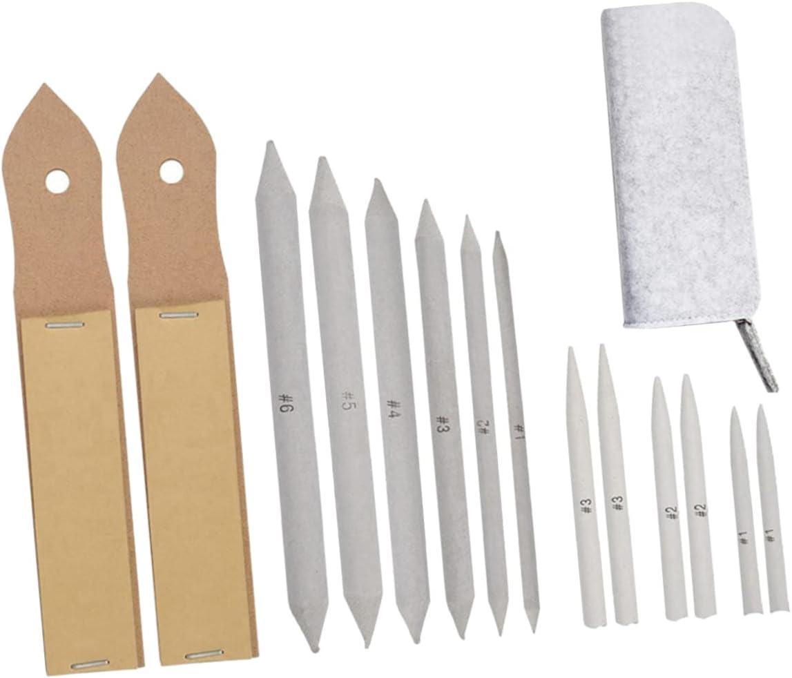 VILLFUL 15pcs Art Sketch Drawing Tools Set with Blending Stumps Sandpaper Pencil Sharpener and Pointer for Students and Beginners Light Grey Bag