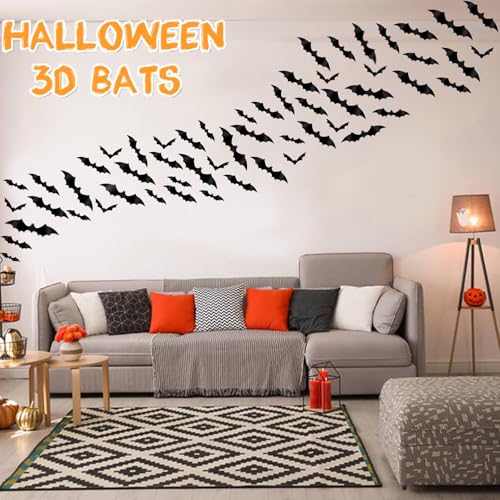 DIYASY Bats Wall Decor, 120 Pcs 3D Bat Halloween Decoration Stickers for Home Decor 4 Size Waterproof Black Spooky Bats for Room Decals