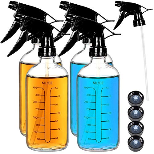 Youngever 4 Pack 16 Ounce Empty Glass Spray Bottles with Measurements, Spray Bottles for Hair and Cleaning Solutions (Clear)