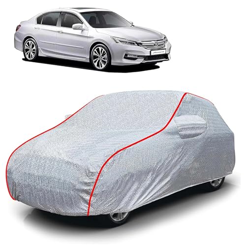 Image of Sulfar 100% Waterproof Car Body Cover Compatible with Mirror for Honda Accord (Triple Stitched, Full Bottom Elastic, Magic Silver with Red Piping)