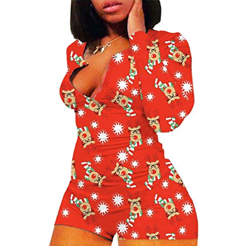 MOBJVIY Womens Christmas One Piece Long Sleeve Jumpsuit Snowflake/Cartoon Elk Printed Romper Pajamas (Red-Elk L)