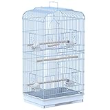 Pawhut Jaula para Pájaros Pajarera con 2 Puertas 4 Comederos y 3 Perchas Columpio Asa de Transporte para Loro Canario Periquito Marco Metálico 47,5x36x91 cm Blanco
