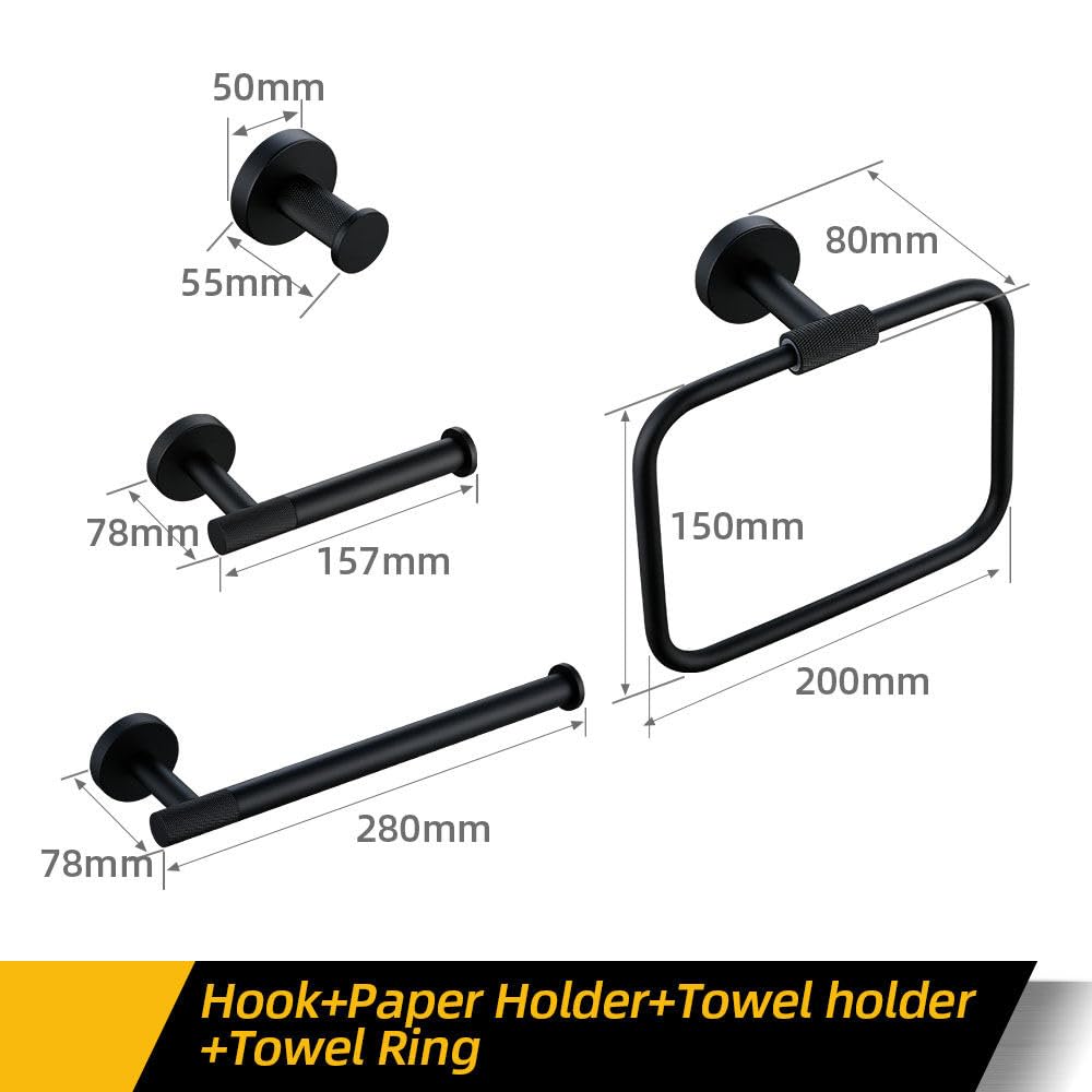 Moderno juego de accesorios de baño negro mate con barra de toalla, gancho para bata de baño, herrajes moleteados de latón y estante, ideal para toallas, pañuelos de papel, actualización elegante y