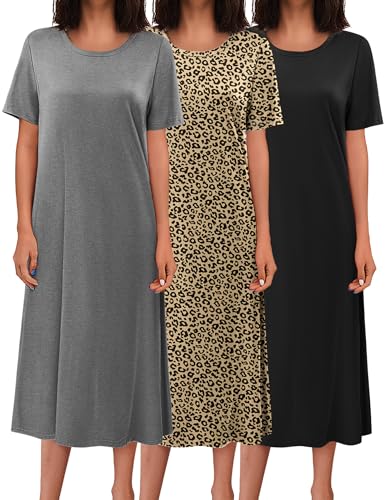 Ekouaer Women's Nightgown 3 Pack Short Sleeve Sleepwear Full Length