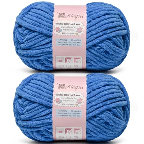 Image of 2 Pack Azure 14.1 oz /196.8 yds Chunky Chenille Yarn for Crocheting, #7 Super Bulky Baby Blanket Yarn for Crocheting Soft, Fluffy Velvet Yarn for Knitting, Amigurumi Crochet Yarn for Crafts