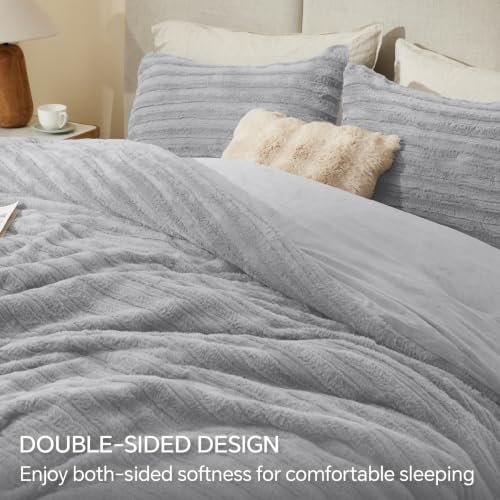 Image of BEDELITE Faux Fur Queen Comforter Set, Fluffy Bed Set, Light Grey | Super Soft & Warm, Luxury Fuzzy Cozy Comforter for Winter, Heavy Plush Bed set, with 2 Pillowcases