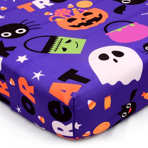 Image of Cloele Halloween Pumpkin Crib Sheet Ghost Fitted Sheet for Boys Girls - Spider Baby Nursery Sheet Cozy Bed Sheet for Standard Crib and Toddler Mattresses - Purple Crib Mattress Infant Toddler Sheet