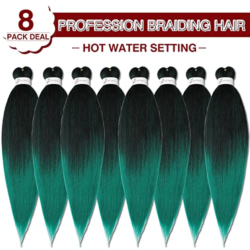 Pre-Stretched Braiding Hair Extensions Ombre Black To Green - 26 Inch 8 Packs Synthetic Crochet Braids, Hot Water Setting Professional Soft Yaki Texture (26Inch,#1B/Green) #TOP5