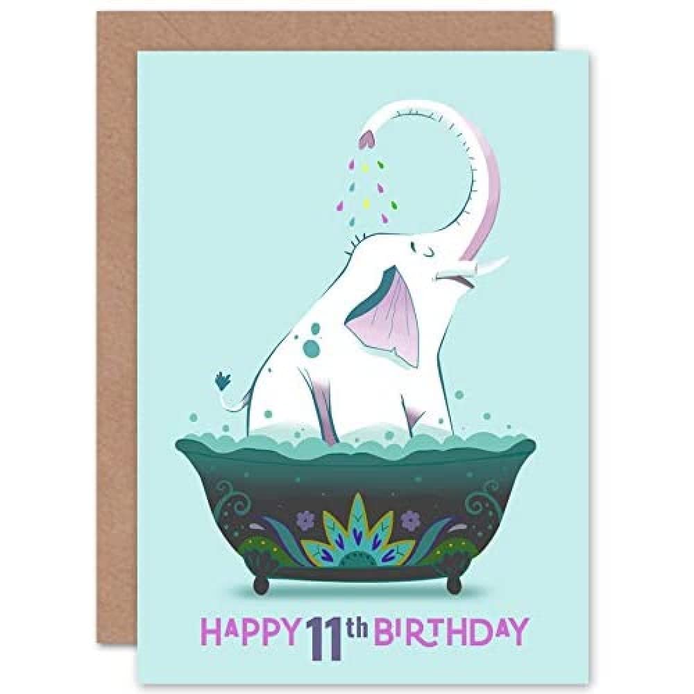 Artery8 Elephant Bath 11th Birthday Greeting Card - Light Blue