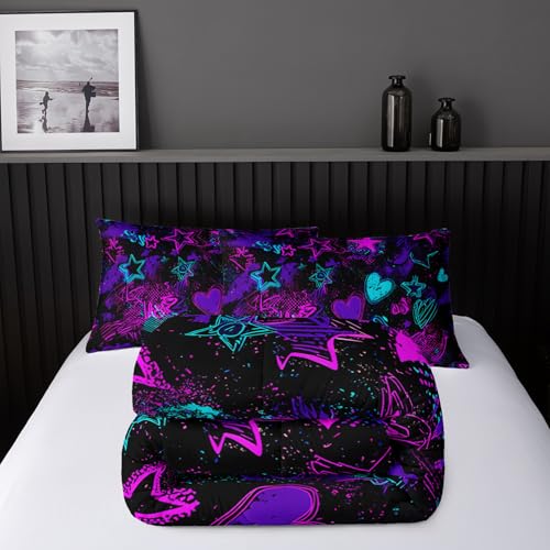 Image of Nttopship Purple Stars Comforter Set Twin Size,Galaxy Starry Printed Bedding Set,Purple Heart Room Decor with Soft and Lightweight Comforter and 2 Pillowcases