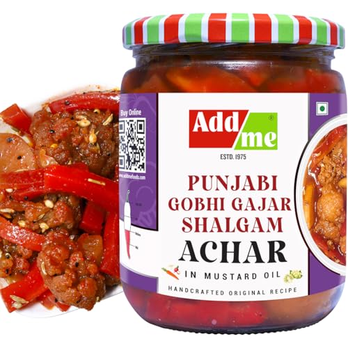 Image of Add me Sweet & Sour Mixed Pickle of Gobhi shalgam gajar Pickle, 600gm Home Made Punjabi North Indian Pickle of Carrot, Cauliflower & Turnip with Onion and Garlic 600 G Glass Pack