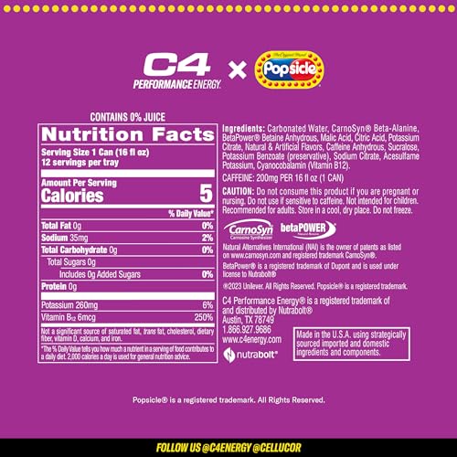 Image of C4 Energy Drink x Popsicle Variety Pack, Carbonated Sugar Free Pre Workout Performance Drink with no Artificial Colors or Dyes, 3 Flavors - Grape, Hawaiian Pineapple, and Cherry, 16 Oz, Pack of 12