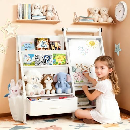 Faesun 4-in-1 Art Easel for Kids, Wooden Kids Easel with Storage,Toddler Drawing Board with Magnetic Whiteboard & Paper Roll & Drawing Accessories, White Board for Kid Ages 2-8 Birthday Gift