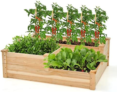 Safstar 3-Tier Raised Garden Bed, Outdoor Elevated Planter Box for Vegetable Fruit Herb Flower Solid Fir Wood Planter Kit with Open-Ended Base, Gardening Planter for Garden Yard Lawn Backyard, Natural