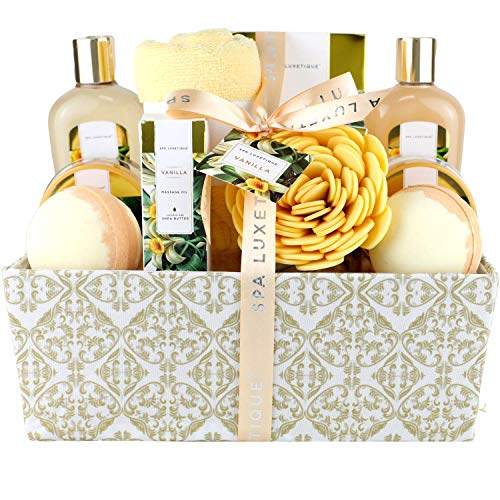Spa Luxetique Spa Gift Set, Vanilla Bath Gift Set, Pamper Gift Set, Gift Box for Women, Bath and Shower Gift Sets with Massage oil, Bath Bomb, Bath Salt, Bubble Bath. Beauty Gifts for Women.