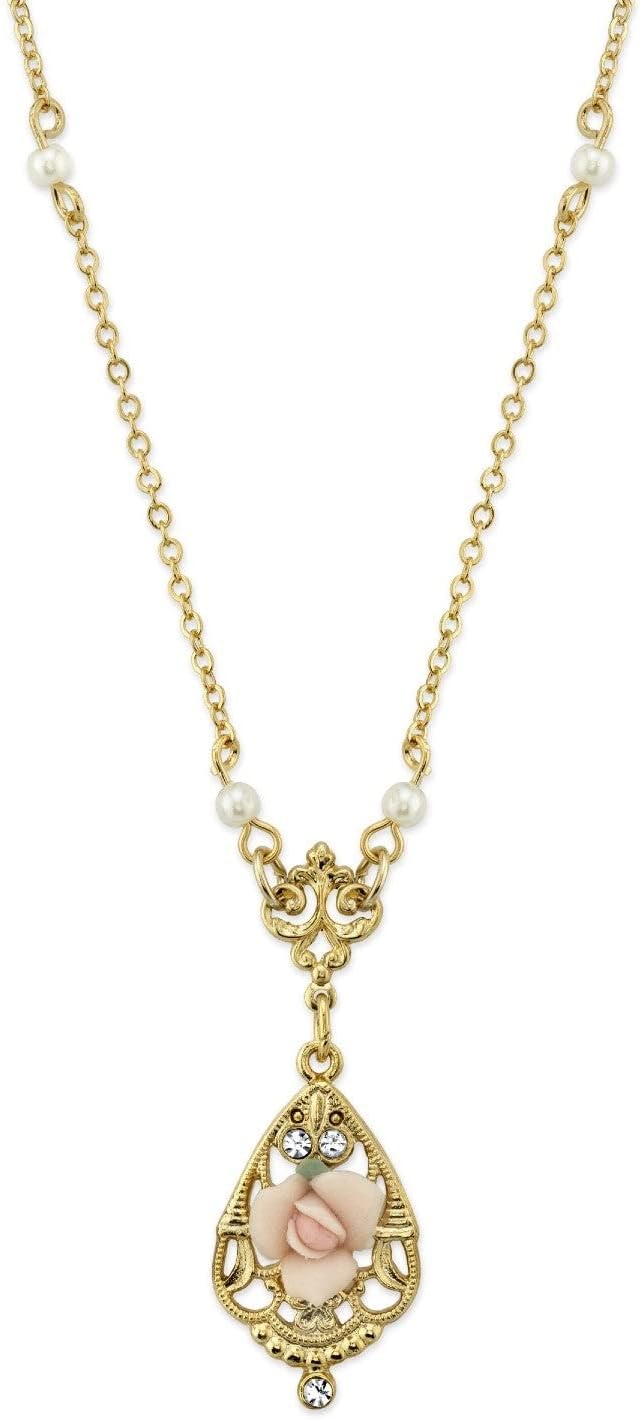 1928 Jewelry Porcelain Rose Pendant Faux Pearl Accent Vintage Style Necklace For Women 17", Handmade Flowers, Timeless Floral Jewellery, Made In USA
