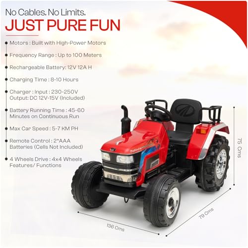 Image of Toyzone Licensed Mahindra Electric Tractor| Rechargeable Ride on with 12V 12AH Battery| LED Lights, MP3 Music-USB, BT, AUX| Smooth Acceleration| 6 M Battery Warranty| for Kids 3-15 Years, Upto 50 kgs