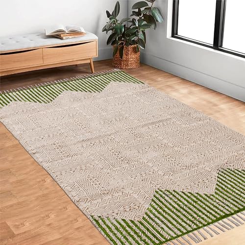 Tapis carré en coton vert beige Kilim dhurrie tissage plat chambre salon