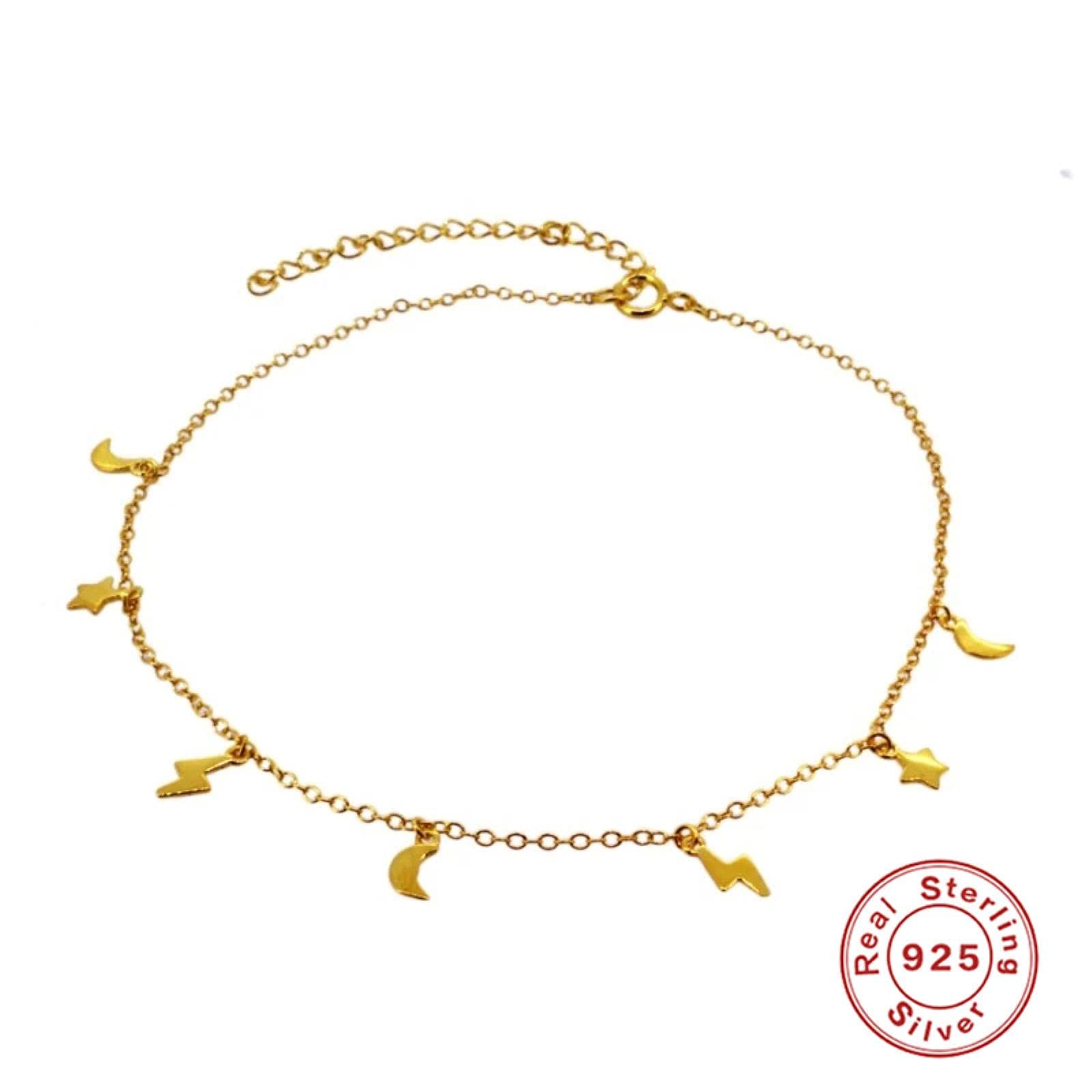 Fußkettchen,925 Sterling Silber Stern Mond Blitz Gestapeltes Fußkettchen für Frauen Einfache Fußkette Fußkettchen Knöchel Weiblich Feiner Schmuck Geschenk