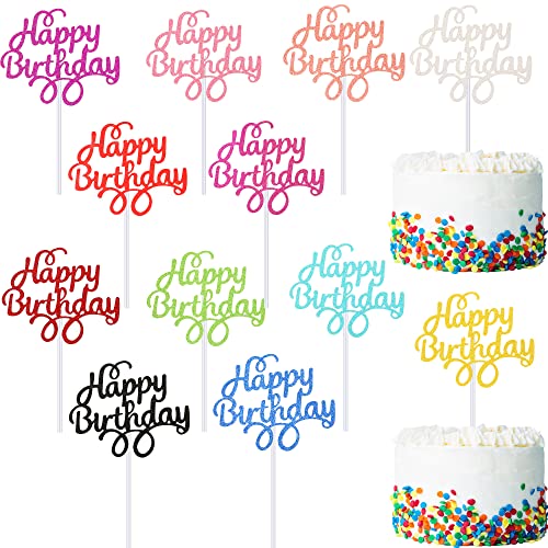 12 Colors Happy Birthday Cake Toppers Glitter Cake Toppers Birthday Cake Topper Picks Cupcake Toppers Birthday for Birthday Party Supplies Baby Shower, 12 Pieces