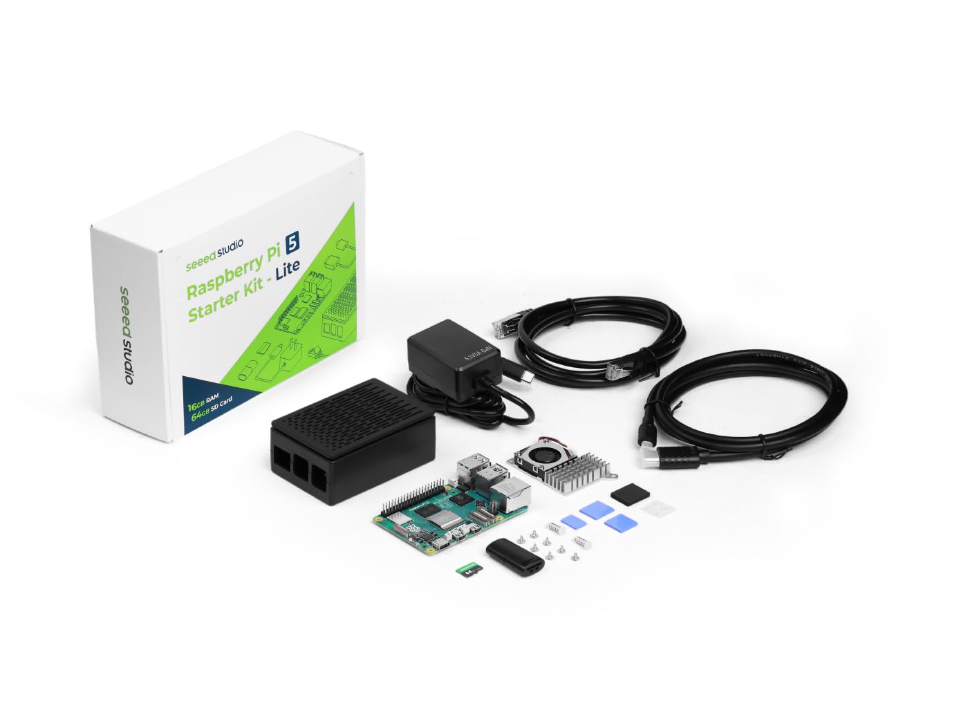 Seeed Studio Raspberry Pi 5 Kit de démarrage – 16 Go de RAM, carte micro SD 64 Go pré-chargée, système d'exploitation 64 bits, alimentation de type C, boîtier de refroidissement actif pour Edge AI